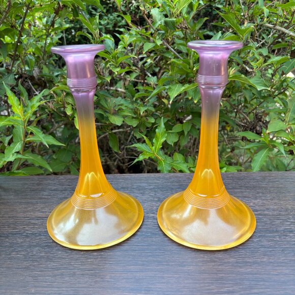 Pair of Vintage Satin Pressed Glass Candle Holders with Amber Purple Gradient - Picture 2 of 15